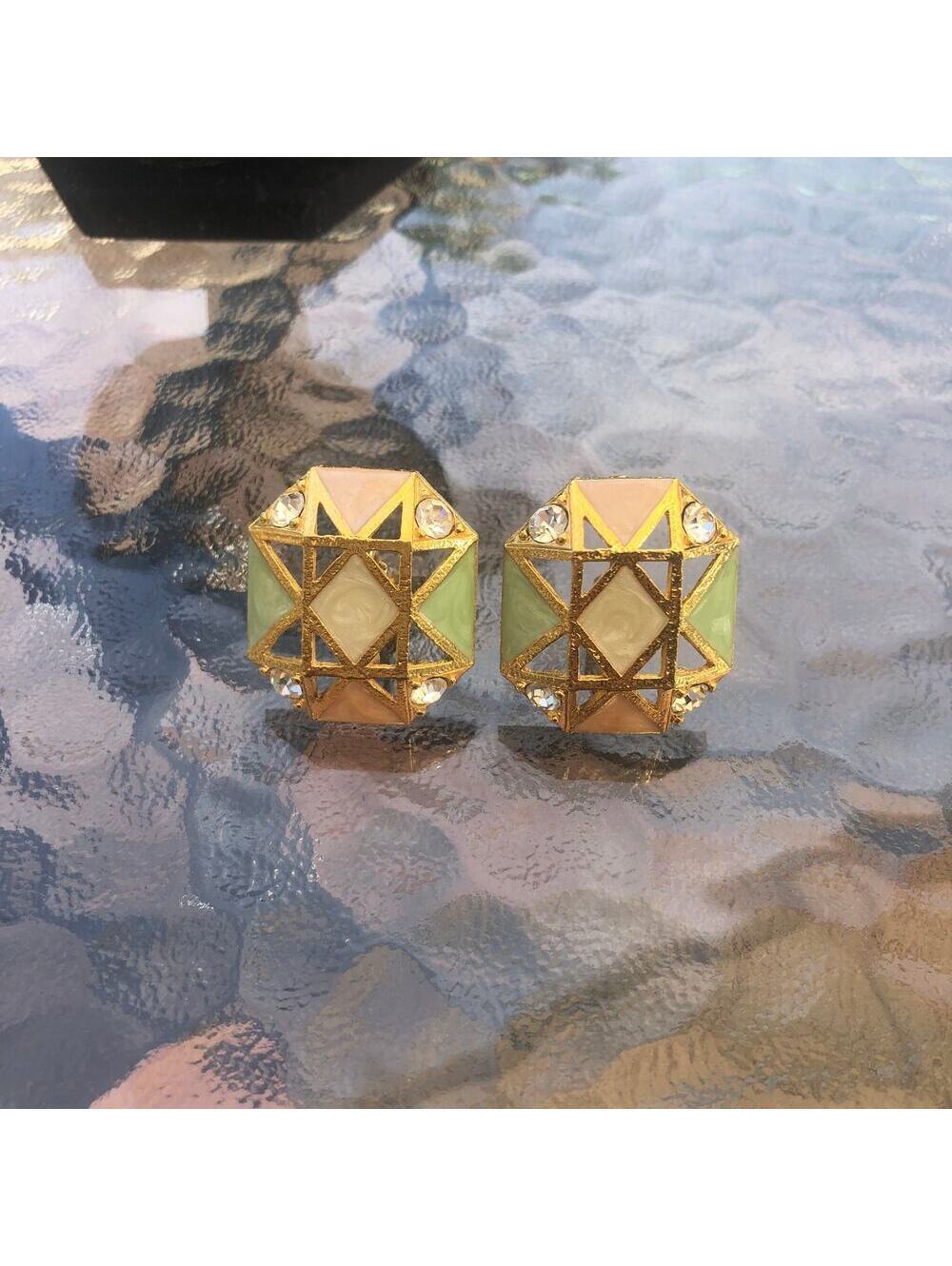 Avon Vintage 80s Avon Shaped Pastel Enamel Rhinestone Gold Tone Clip Earrings